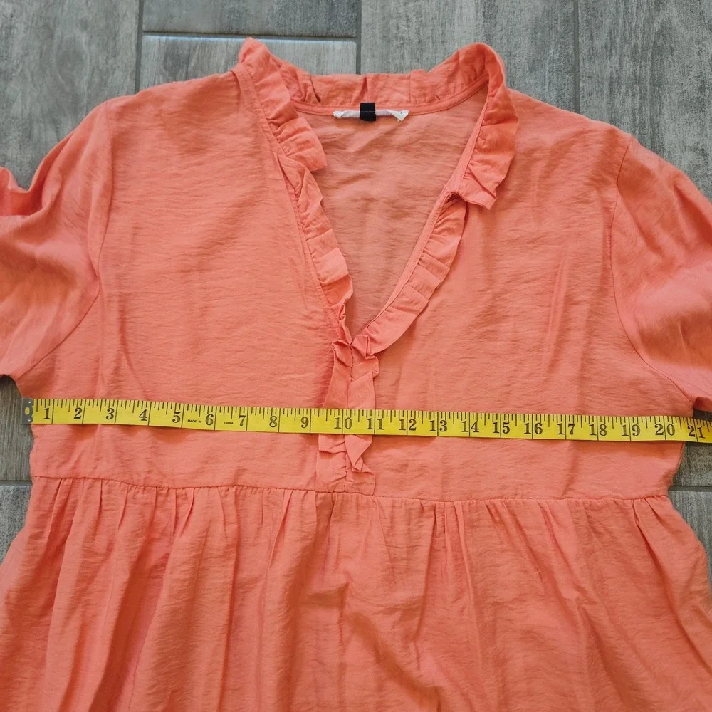 Michelle McDowell Tunic Dress Size L Coral Ruffle Neck Balloon Sleeve Girly Boho